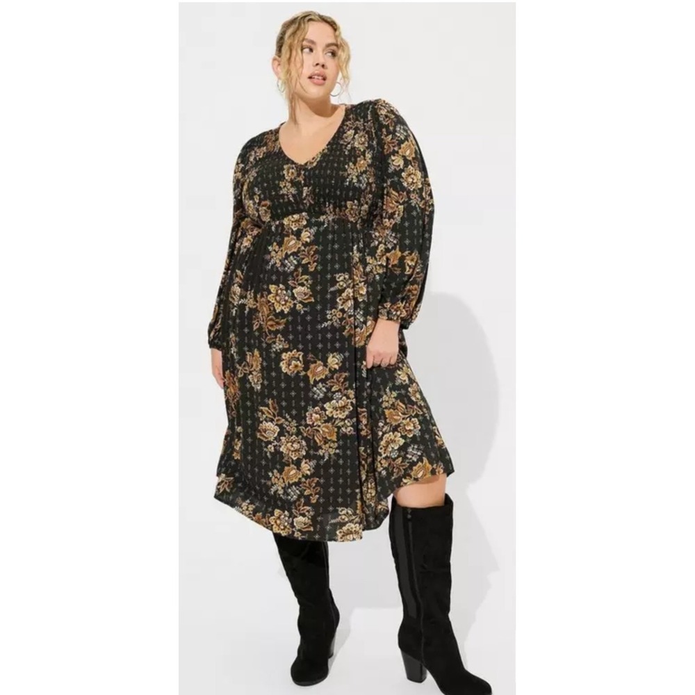 Torrid Regal Patchwork Smocked Bodice Midi Gauze Dress Black Floral 2X 18-20 New